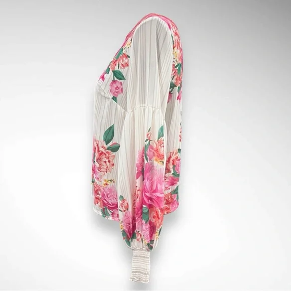 VICI‎ Valencia Rose Printed White Pink Boho Balloon Sleeve Blouse Small | EUC - Picture 5 of 9